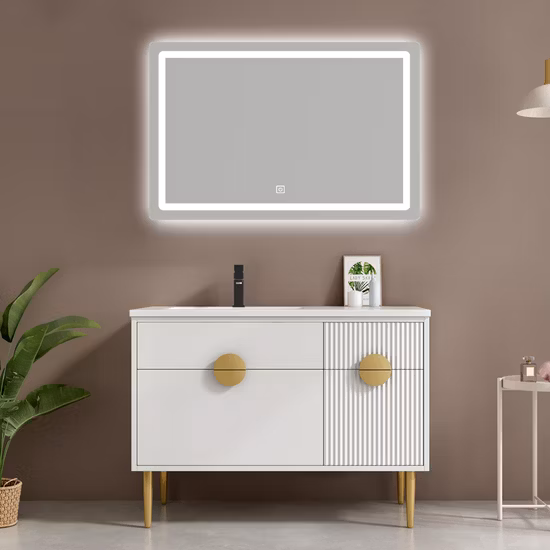 1400mm 너비 럭셔리 현대 디자인 LED 백라이트 거울 소결 돌 분지 벽 마운트 목조 욕실 세면대 캐비닛 가구