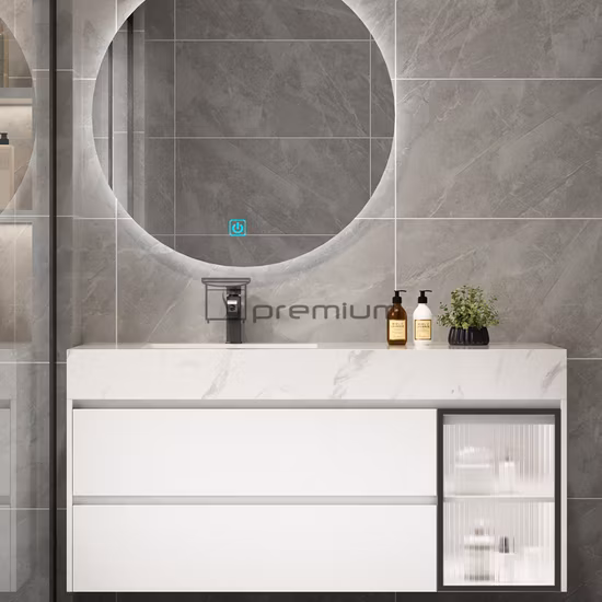 1000mm 너비 럭셔리 현대 디자인 LED 백라이트 거울 소결 스톤 탑 세라믹 세면대 나무 욕실 세면대 캐비닛 가구